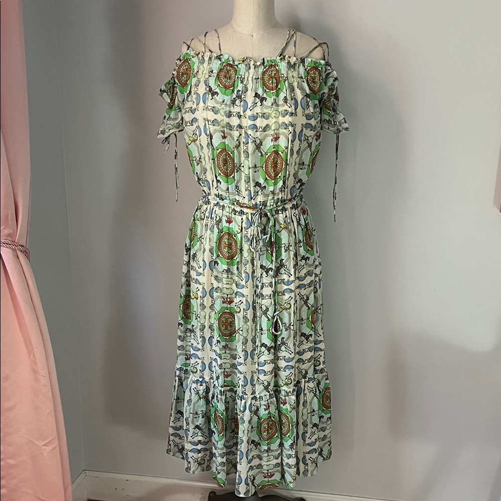 NWT Tory Burch Carousel Print Silk Chiffon Off-Shoulder Midi Dress 6 - Picture 3 of 6